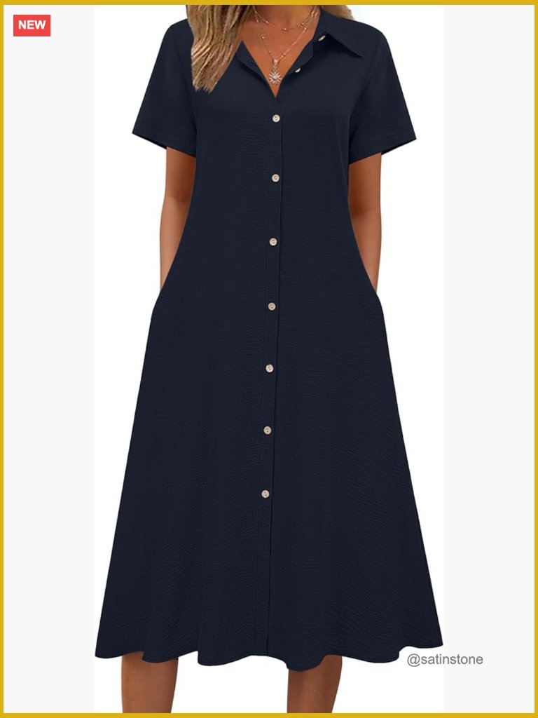 Button Down Shirt Dress Midi A-Line Sundress Short Sleeve Cotton-Linen Blend